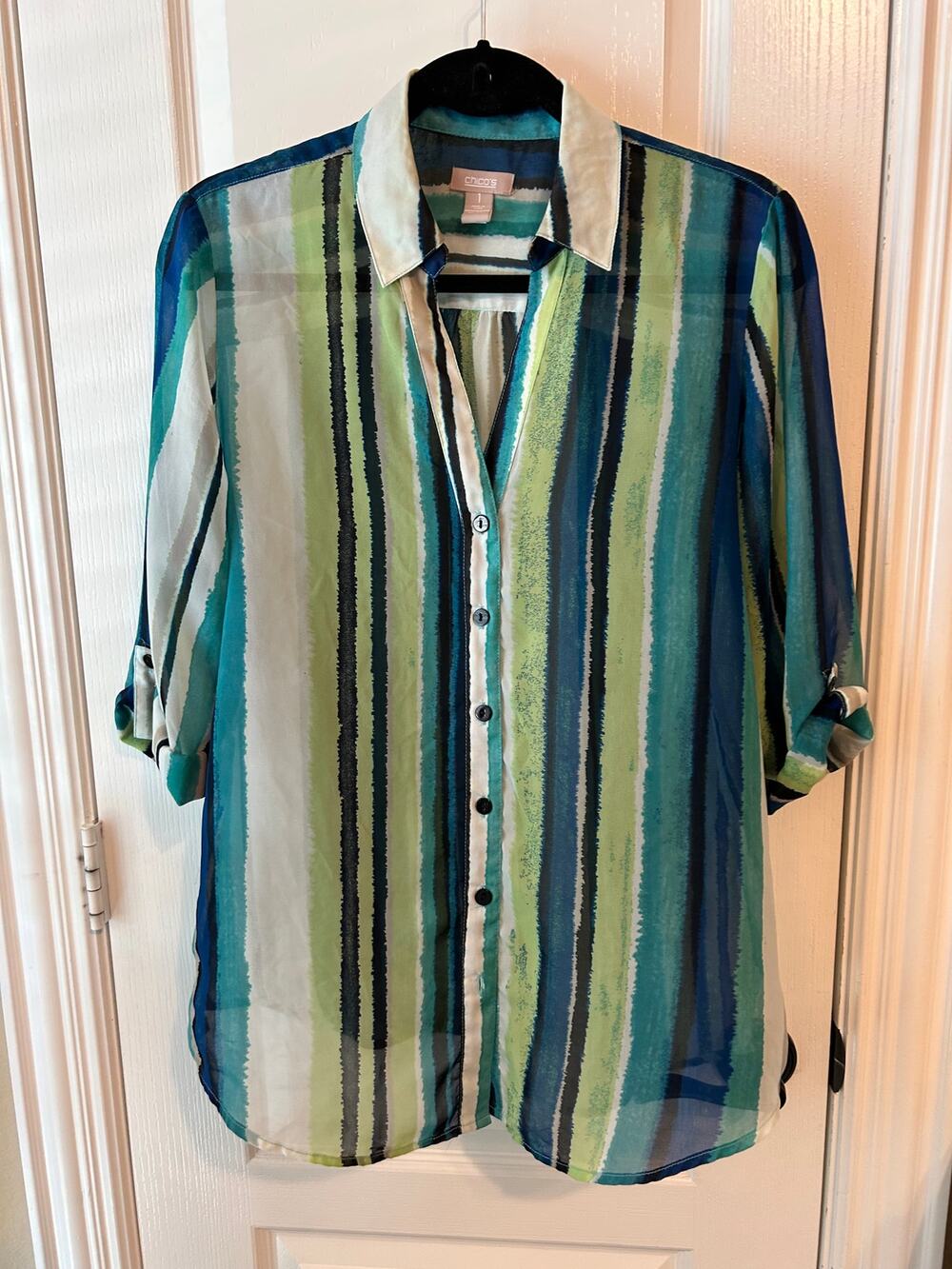 Chico's Green & Blue Silky V-Neck Three Quarter Sleeve Top